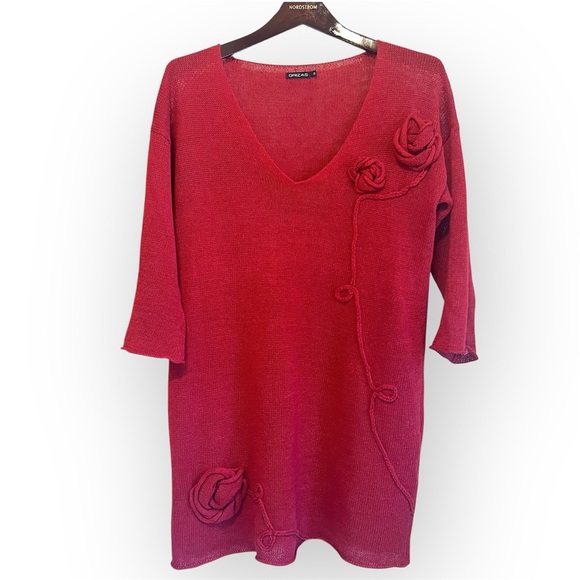 Grizas 100%Linen knit tunic sweater, loose knit, roses appliquee, 3/4 sleeves, M - Picture 1 of 12